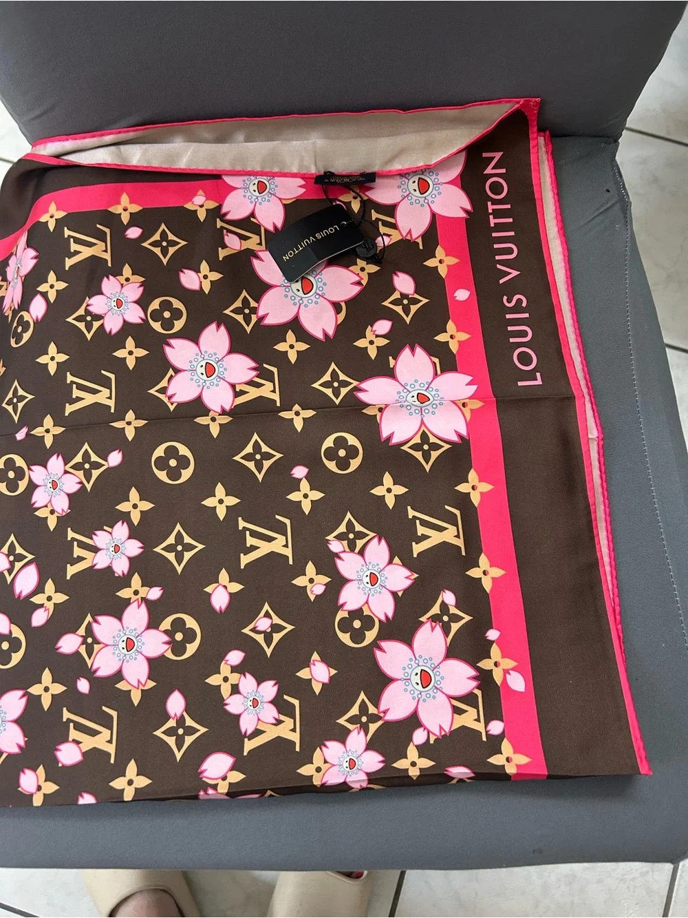 Louis Vuitton Brown & Pink Monogram Floral Silk Scarf